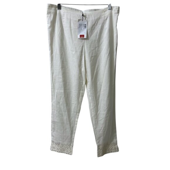 W for Woman Slim Fit White Cotton & Flax Pants With Lace Bead Hem Size 12 - Picture 2 of 10